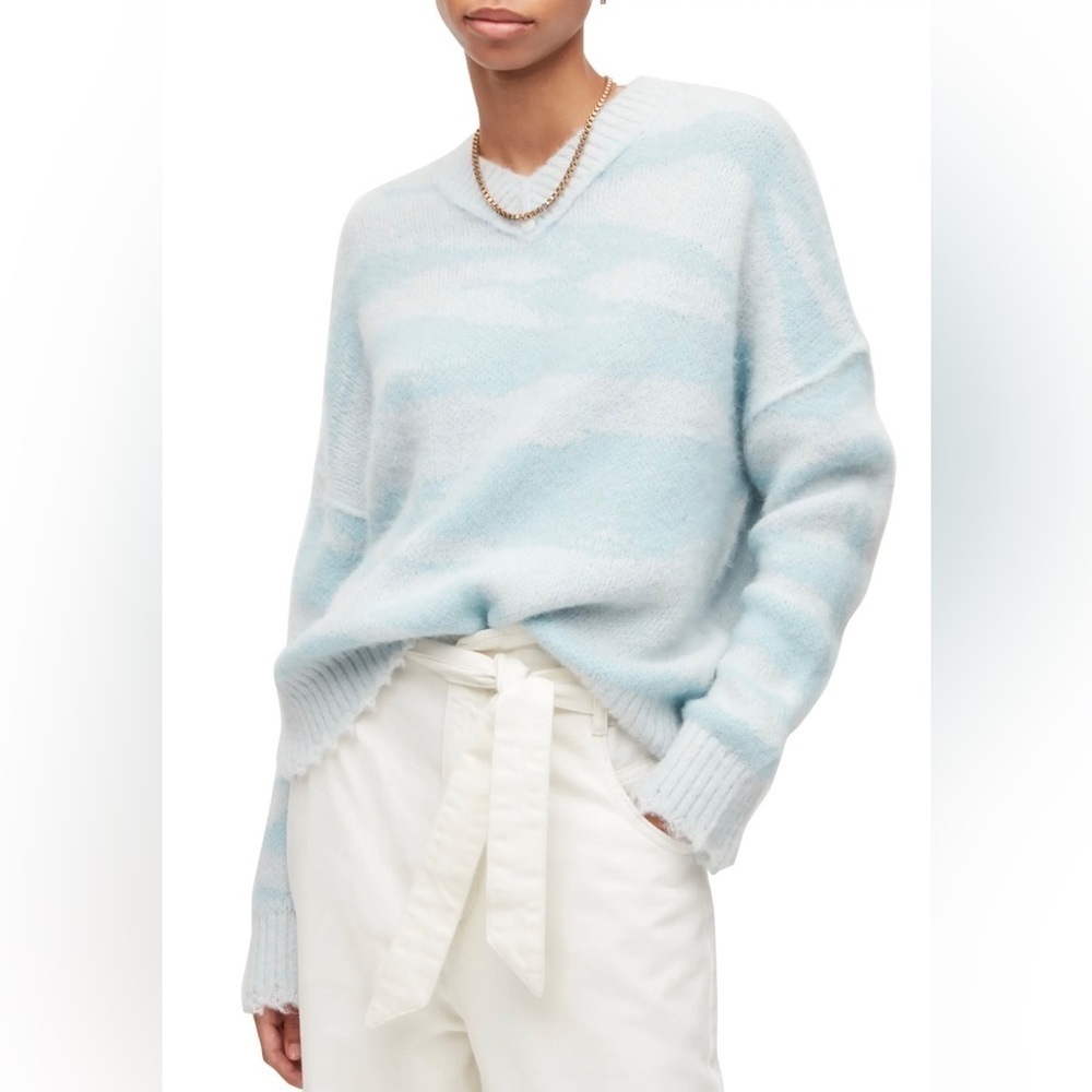 NEW All Saints Alpaca Wool Tiga Abstract V-Neck Sweater Cloud Burst‎ Blue S Cozy